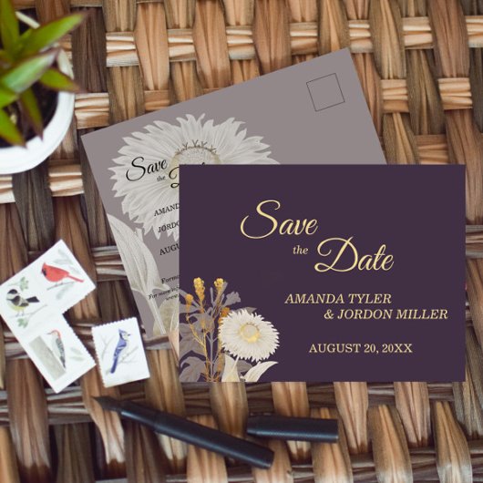 Paarse Daisy Antiek Wedding Save the Date Aankondigingskaart