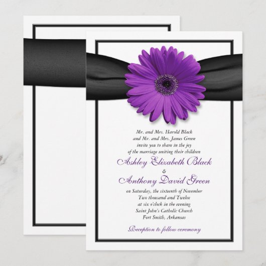 Paarse Daisy Black Ribbon Wedding Uitnodiging (Voorkant / Achterkant)