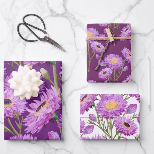 Paarse Daisy Bloemen Inpakpapier Vel (Voorkant)