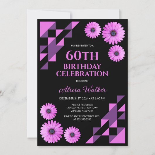 Paarse Daisy Driehoek Geometrisch Zwart Verjaardag Kaart (Voorkant)