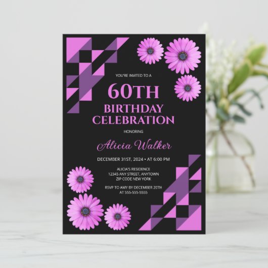 Paarse Daisy Driehoek Geometrisch Zwart Verjaardag Kaart (Staand voorkant)