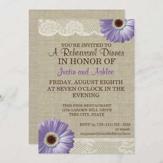 Paarse Daisy en Lace repetitie Dinner Party Kaart (Voorkant / Achterkant)