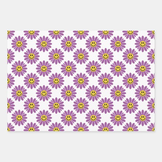 Paarse Daisy Floral Stripes Polka Dot Inpakpapier Vel (Voorkant)