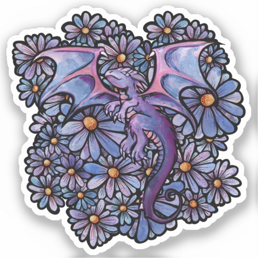 Paarse Daisy Flowers Dragon Sticker (Voorkant)