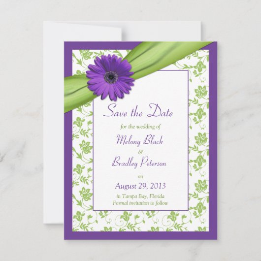 Paarse Daisy Green Floral Damask opslaat datum Save The Date (Voorkant)