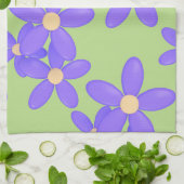 Paarse Daisy Green Retro Flowers Keukenhanddoek (Gevouwen)