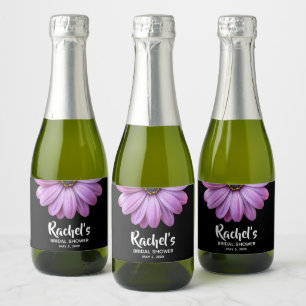 Paarse Daisy over Black Vrijgezellenfeest Mini Sparkling Wijnetiket
