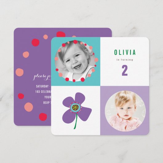 Paarse Daisy Pop Square Girl Birthday Foto uitnodi Kaart (Voorkant / Achterkant)