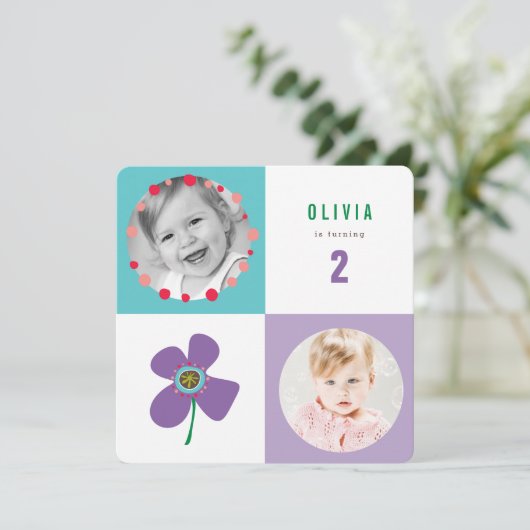 Paarse Daisy Pop Square Girl Birthday Foto uitnodi Kaart (Staand voorkant)