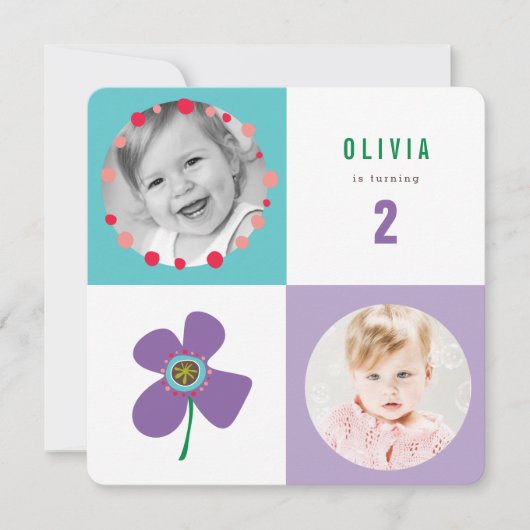 Paarse Daisy Pop Square Girl Birthday Foto uitnodi Kaart (Voorkant)