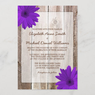 Paarse Daisy Rustic Barn Wood Wedding Kaart