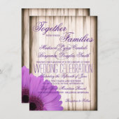 Paarse Daisy Rustic Country Wood Wedding Invites Kaart (Voorkant / Achterkant)