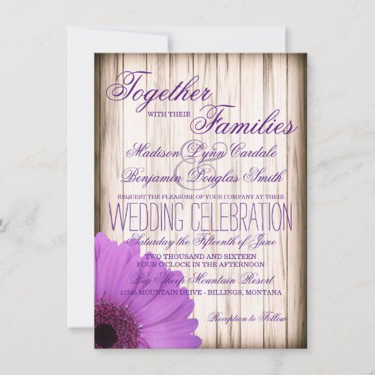 Paarse Daisy Rustic Country Wood Wedding Invites Kaart (Voorkant)