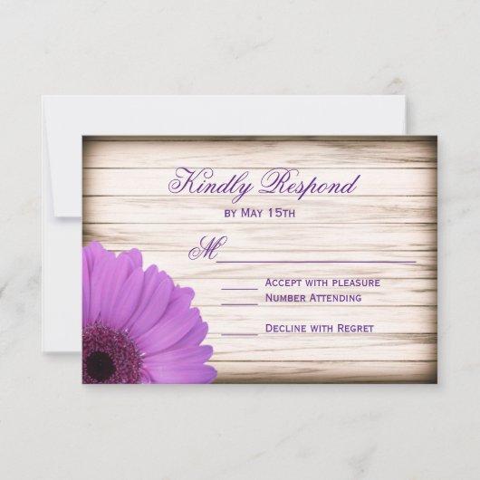 Paarse Daisy Rustic Wood Wedding RSVP-kaarten RSVP Kaartje (Voorkant)