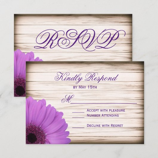 Paarse Daisy Rustic Wood Wedding RSVP-kaarten RSVP Kaartje (Voorkant / Achterkant)