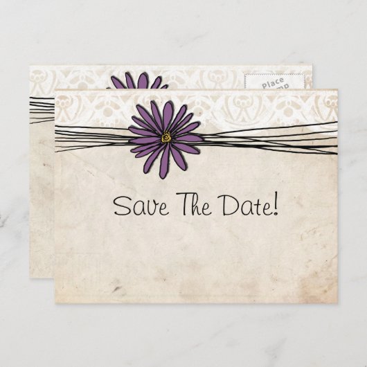 Paarse Daisy Sla de datum op Aankondigingskaart (Voorkant / Achterkant)
