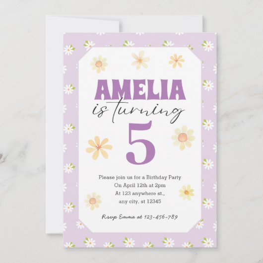 Paarse Daisy Verjaardagsfeestuitnodiging Alle leef Kaart (Voorkant)