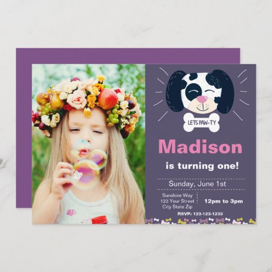 Paarse Dalmatian Birthday Uitnodiging met foto (Voorkant / Achterkant)