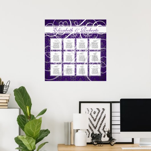 Paarse Damask 12 Tafel Startplan Poster (Thuiskantoor)