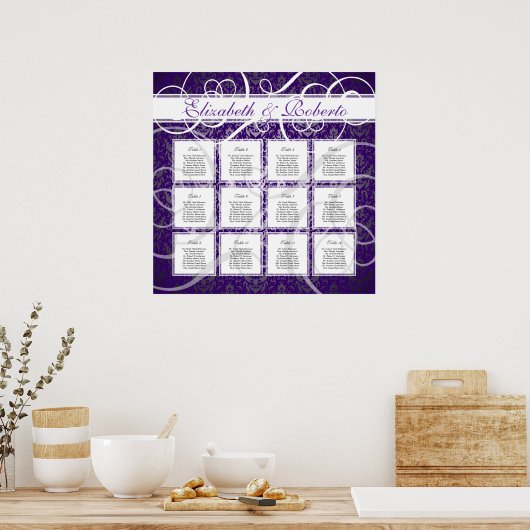 Paarse Damask 12 Tafel Startplan Poster (Keuken)