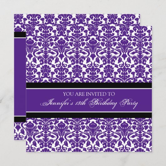 Paarse Damask 18e Birthday Party Kaart (Voorkant / Achterkant)