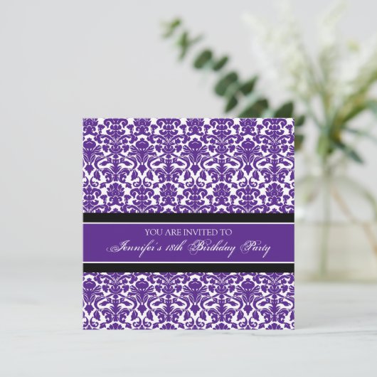 Paarse Damask 18e Birthday Party Kaart (Staand voorkant)