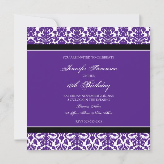 Paarse Damask 18e Birthday Party Kaart (Achterkant)