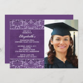 Paarse Damask Afstuderen Uitnodiging met foto (Voorkant / Achterkant)