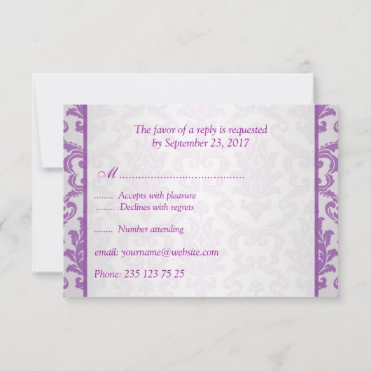 Paarse Damask, amethyst afbeelding RSVP Uitnodigin (Achterkant)