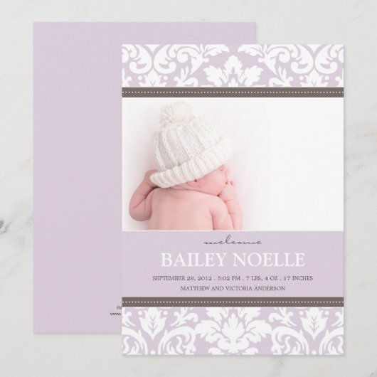 PAARSE DAMASK-BABY | GEBOORTEAANKONDIGING AANKONDIGING (Voorkant / Achterkant)