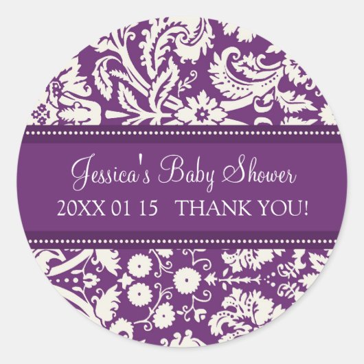 Paarse Damask Baby shower Favor Stickers (Voorkant)