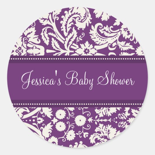 Paarse Damask Baby shower Favor Stickers (Voorkant)