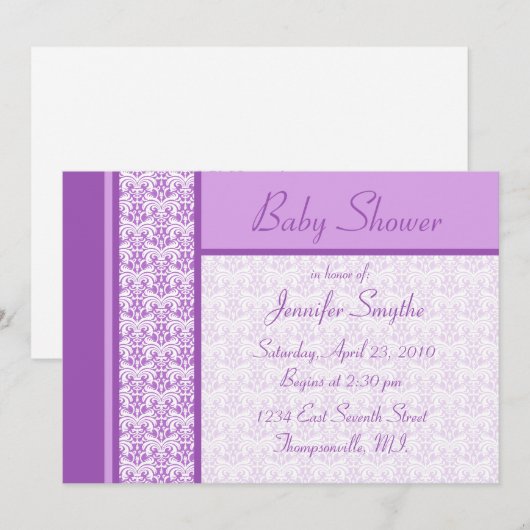Paarse Damask Baby shower Uitnodiging (Voorkant / Achterkant)