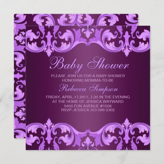 Paarse Damask Baby shower Uitnodiging (Voorkant / Achterkant)