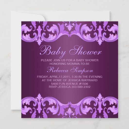 Paarse Damask Baby shower Uitnodiging (Voorkant)