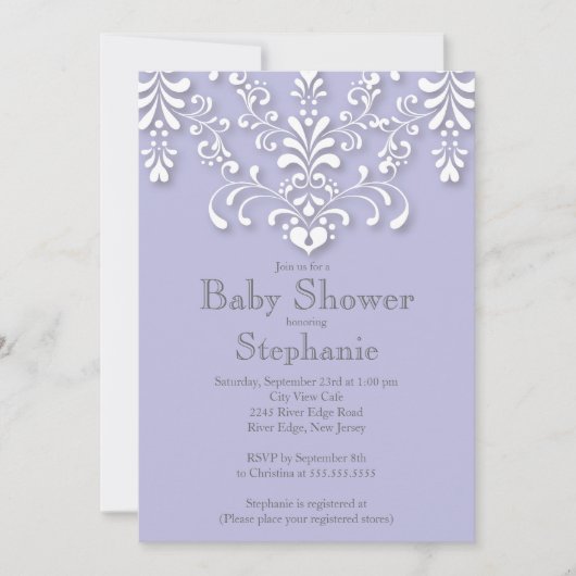 Paarse  Damask Baby shower Uitnodiging (Voorkant)