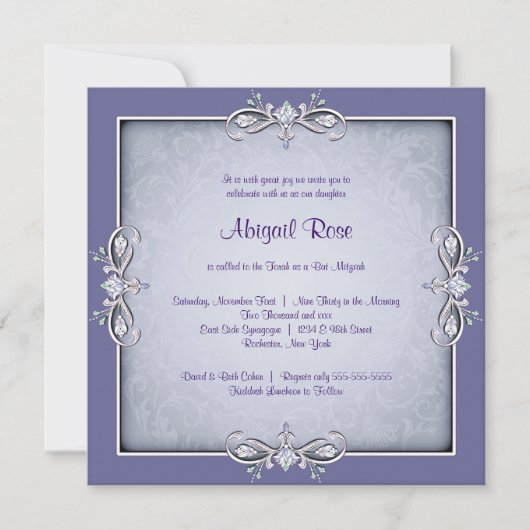 Paarse Damask Bat Mitzvah Kaart (Voorkant)