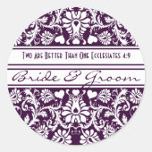 Paarse Damask  Bloemen bruiloft gunsten Ronde Sticker (Voorkant)
