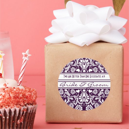 Paarse Damask  Bloemen bruiloft gunsten Ronde Sticker (Feest)