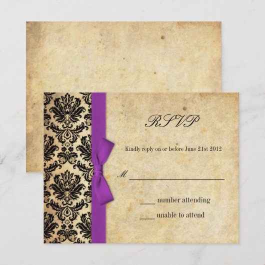 Paarse Damask Bow Wedding RSVP (Voorkant / Achterkant)