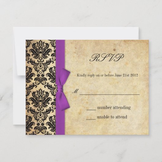 Paarse Damask Bow Wedding RSVP Kaartje (Voorkant)