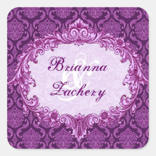 Paarse  Damask Bruiloft C432 Vierkante Sticker