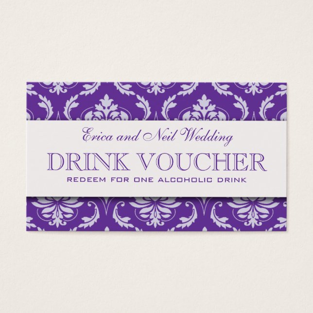 Paarse Damask Bruiloft Drink Voucher voor Ontvangs Visitekaartje (Voorkant)