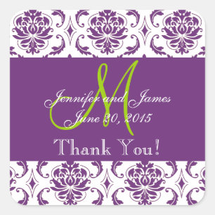Paarse Damask bruiloft gunst dank u Vierkante Sticker