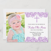 Paarse Damask Christening Baptism Uitnodiging (Voorkant)