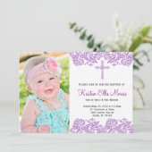 Paarse Damask Christening Baptism Uitnodiging (Staand voorkant)