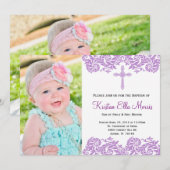 Paarse Damask Christening Baptism Uitnodiging (Voorkant / Achterkant)