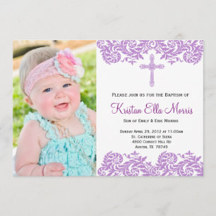 Paarse Damask Christening Baptism Uitnodiging