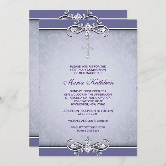 Paarse Damask Cross Eerste Communie Uitnodiging (Voorkant / Achterkant)