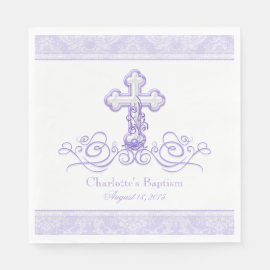 Paarse Damask Cross Meisjes Doop Communie Servet (Voorkant)
